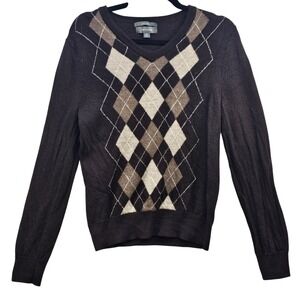 Merona Mens Brown 100% Merino Wool Argyle V-Neck Sweater Size M‎ F16750986
